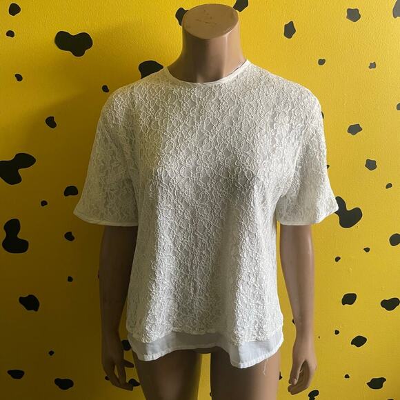 Vintage White Lace Blouse Womens M Sheer Lined Short Sleeve Cottagecore Romantic - Picture 3 of 11